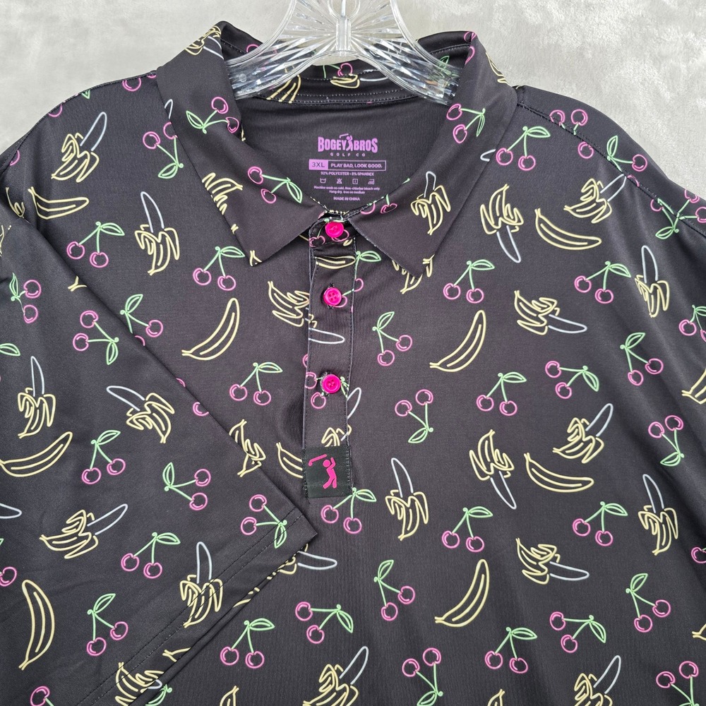 Bogey Bros Golf Polo Mens 3XL Black Neon Banana Cherry Print Short Sleeve Shirt